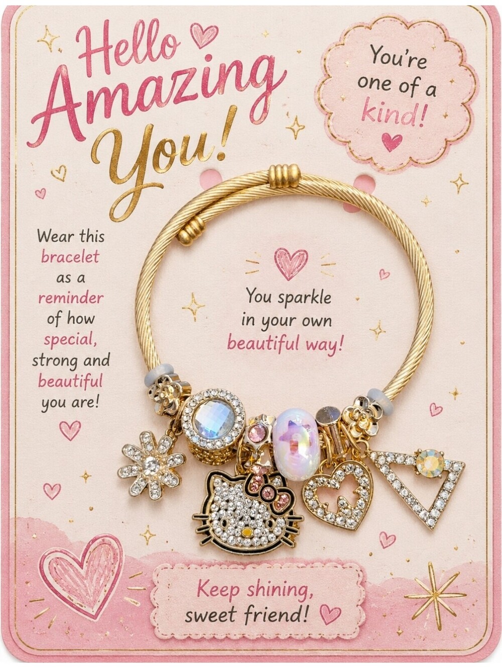Hello Kitty Crystal Bead Gold & Pink Charm Bracelet